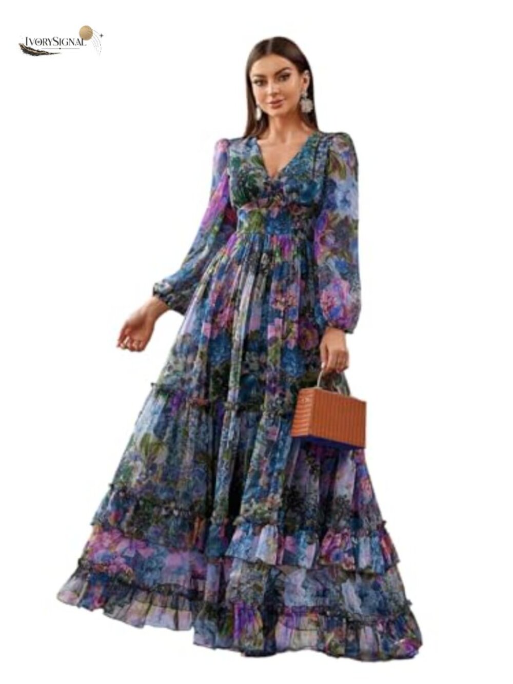 TOLEEN Women's Boho V Neck Long Sleeve Ruffle Floral Maxi Dress Summer Casual